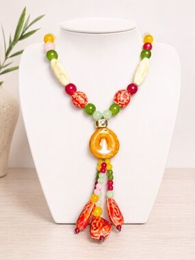Multicolor Beaded Tassel Necklace with Yellow Pendant